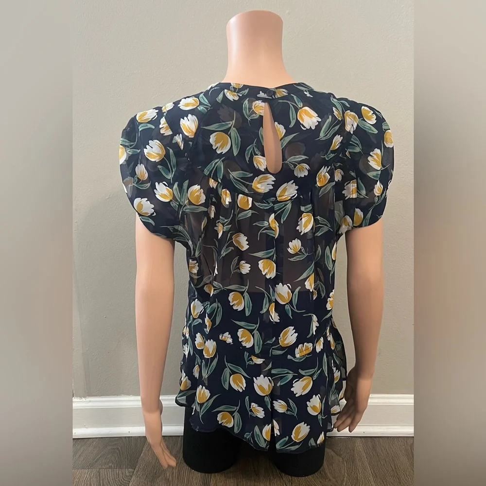 NEW Byron Lars Beauty Mark Floral Short Sleeve Blouse Navy Blue Size 12 NWT - Picture 4 of 9